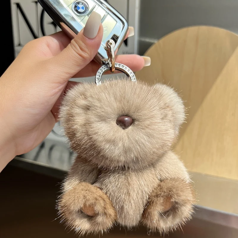 New Fashion Women Natural Mink Fur Little Bear Key Chain Charm Plush Car Keychain Bag Pendant Party Gift Jewelry Trinket