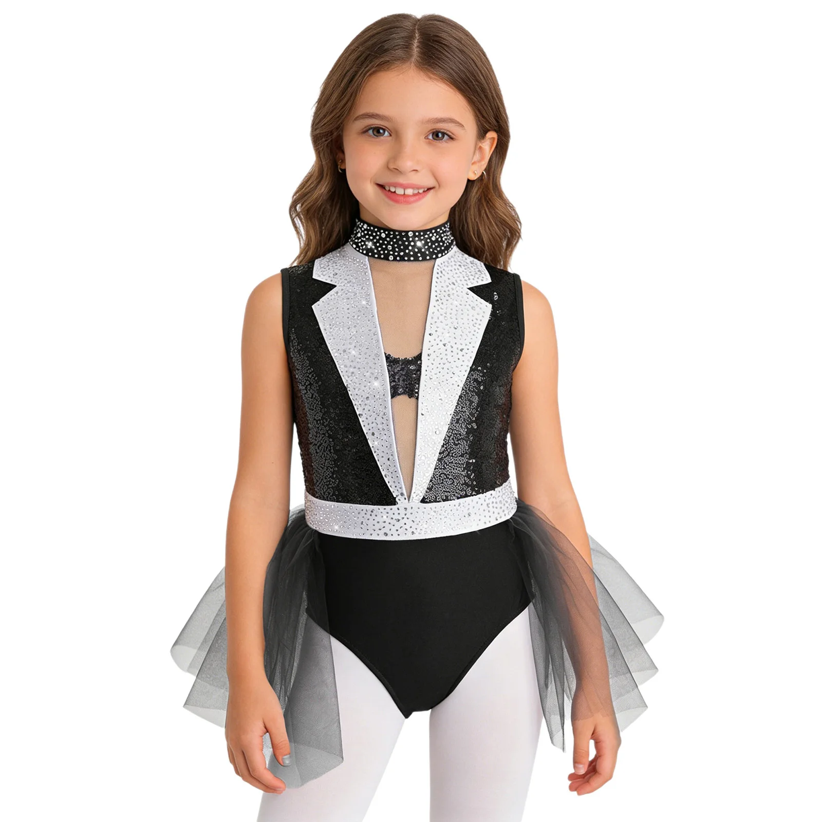 Jazz Dance Leotard for Kids Girls Sparkly Sequins Bodice Tulle Skirted Leotard Ballet Modern Rhinestone Performance Competition