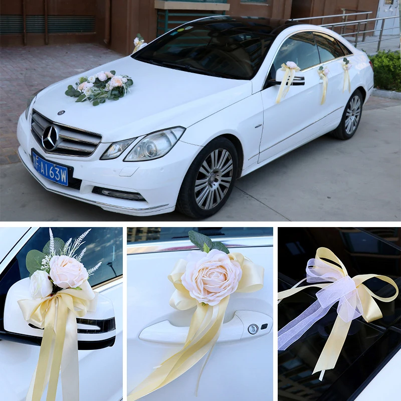 Creative Artificial Flower Wedding Car Decor Flower Door Handles Rearview Mirror Decoration Accessories Marriage Props Gifts