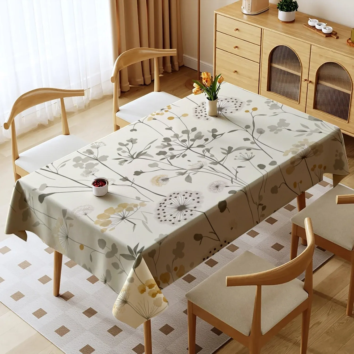 Single-sided printing. Natural style floral pattern combined with cream-colored base. Square tablecloth available in various
