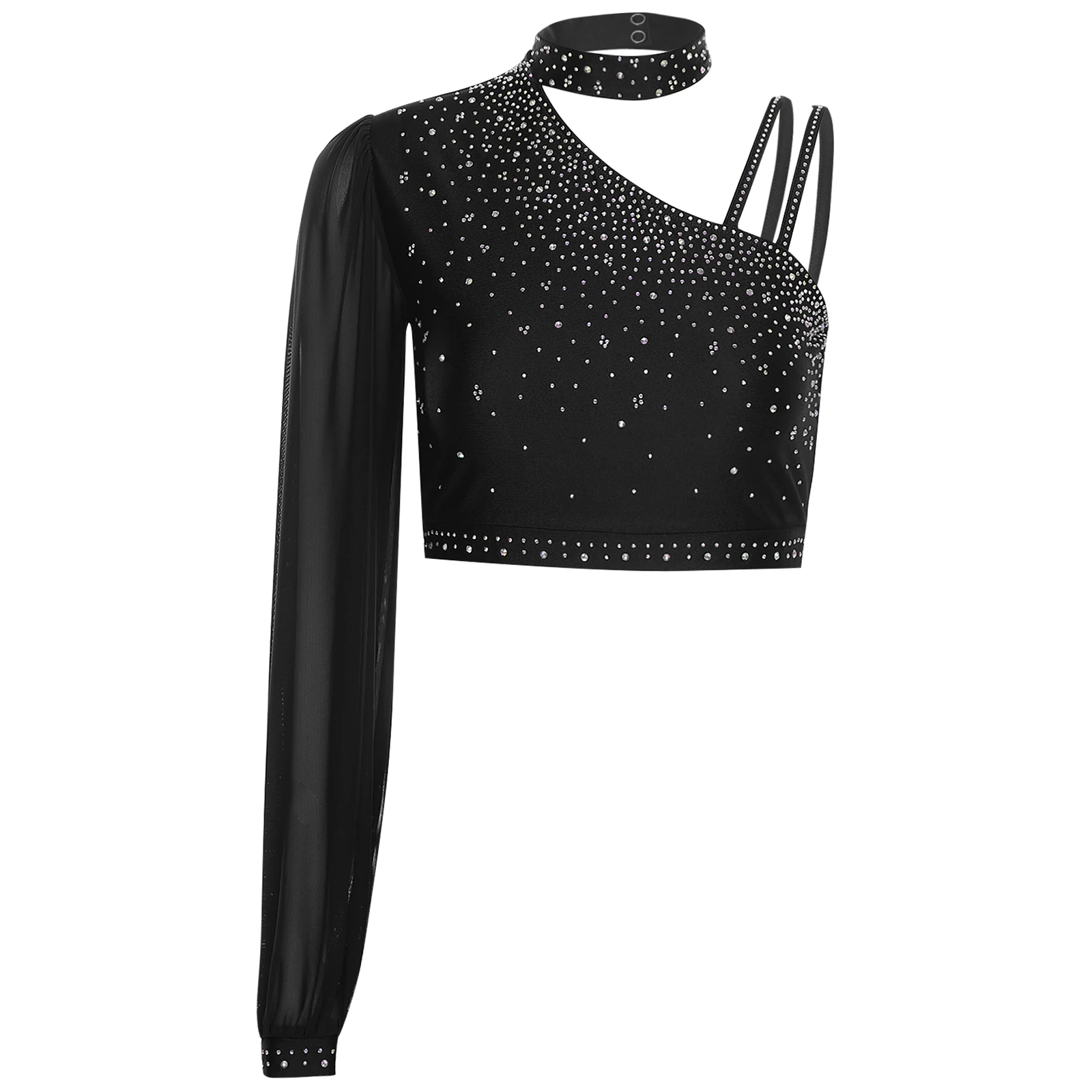 

Women Latin Jazz Salsa Rumba Samba Dance Costume Rhinestones Halter Mesh Crop Tops Or Dance Skirted Shorts Belly Dancewear