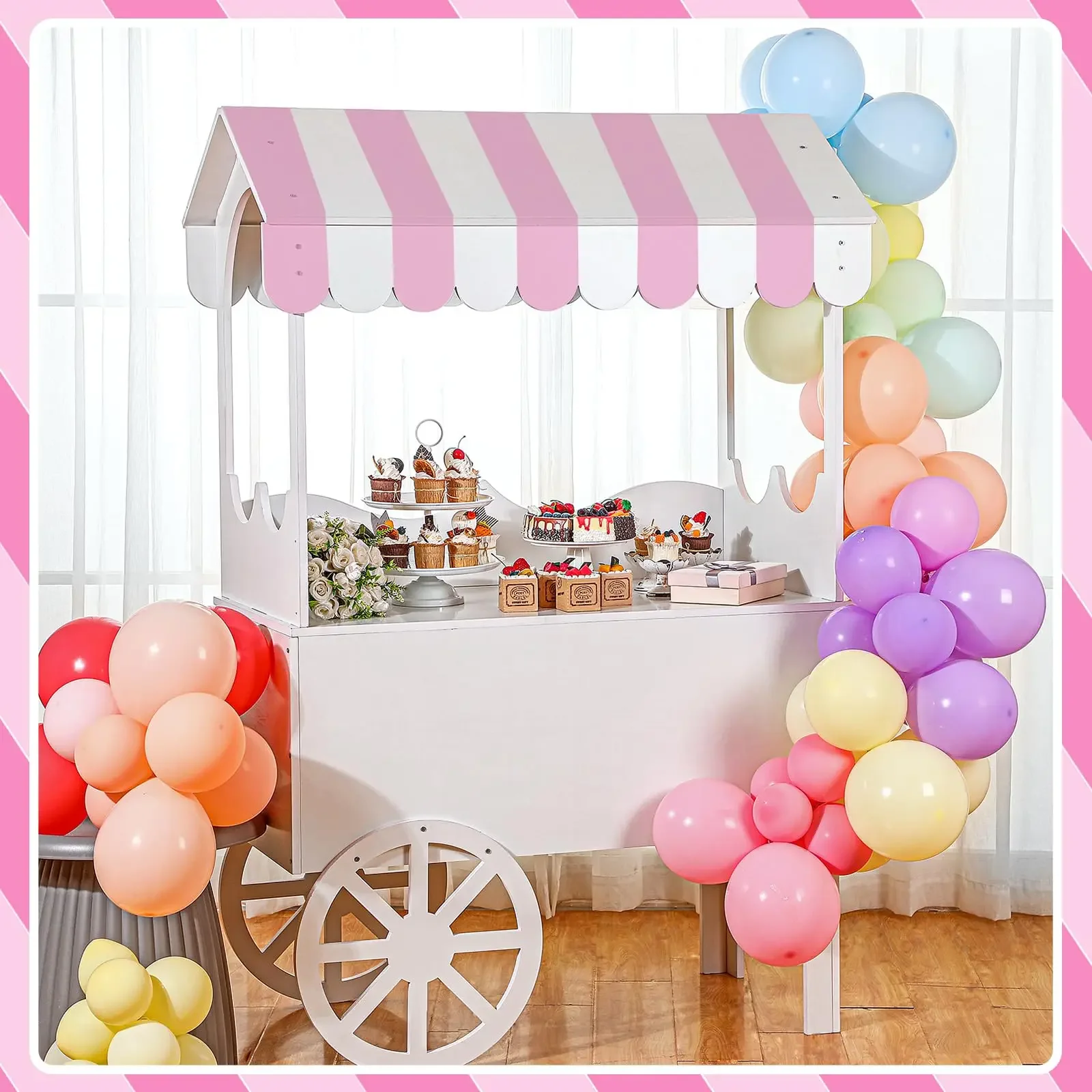 Wooden Table Wheel Assembly Food Cart, Candy Cart, Party Dessert Cake Cart Suitable for Wedding Parties Outdoor Business Events