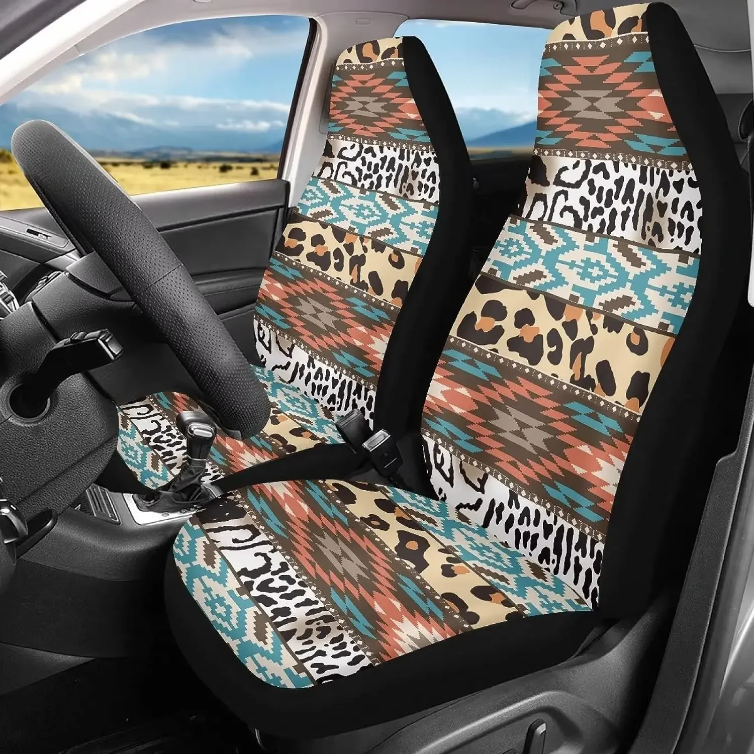 Set of 2 Car Seat Covers Tribal Leopard Stretch Front Seats Covers Southwestern Aztec Style Breathable Womens Car Mat Cover