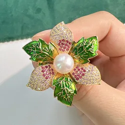 Elegant Colorful Bauhinia Flower Brooches For Women Luxury Pearl Rhinestone Enamel Green Leaves Corsage Accessories Wedding Pin