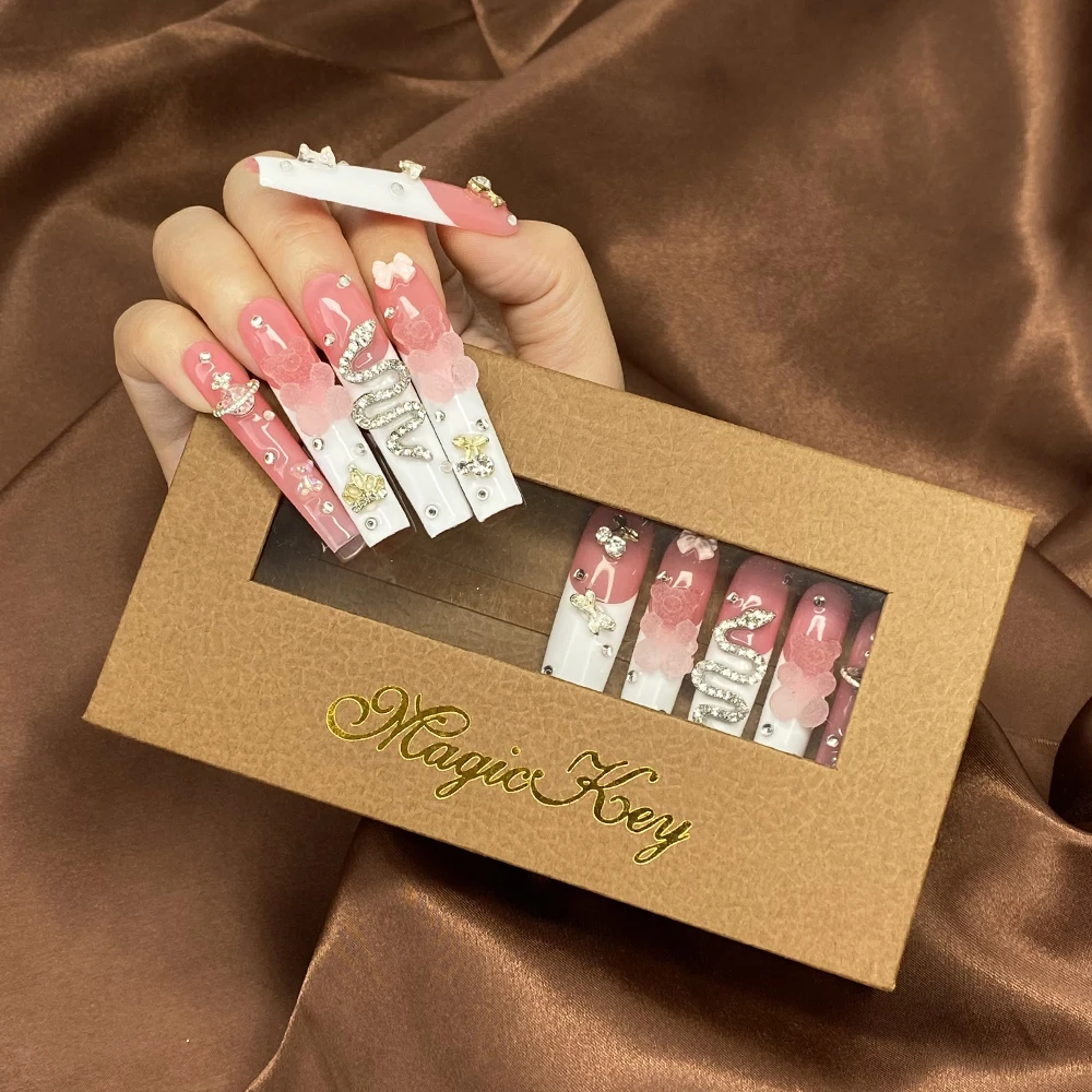 10PCS Ballerina Coffin Luxury Glossy Press On Nails Custom Design 100% Handmade Acrylic Artificial Gel 55mm Fingernails with Box