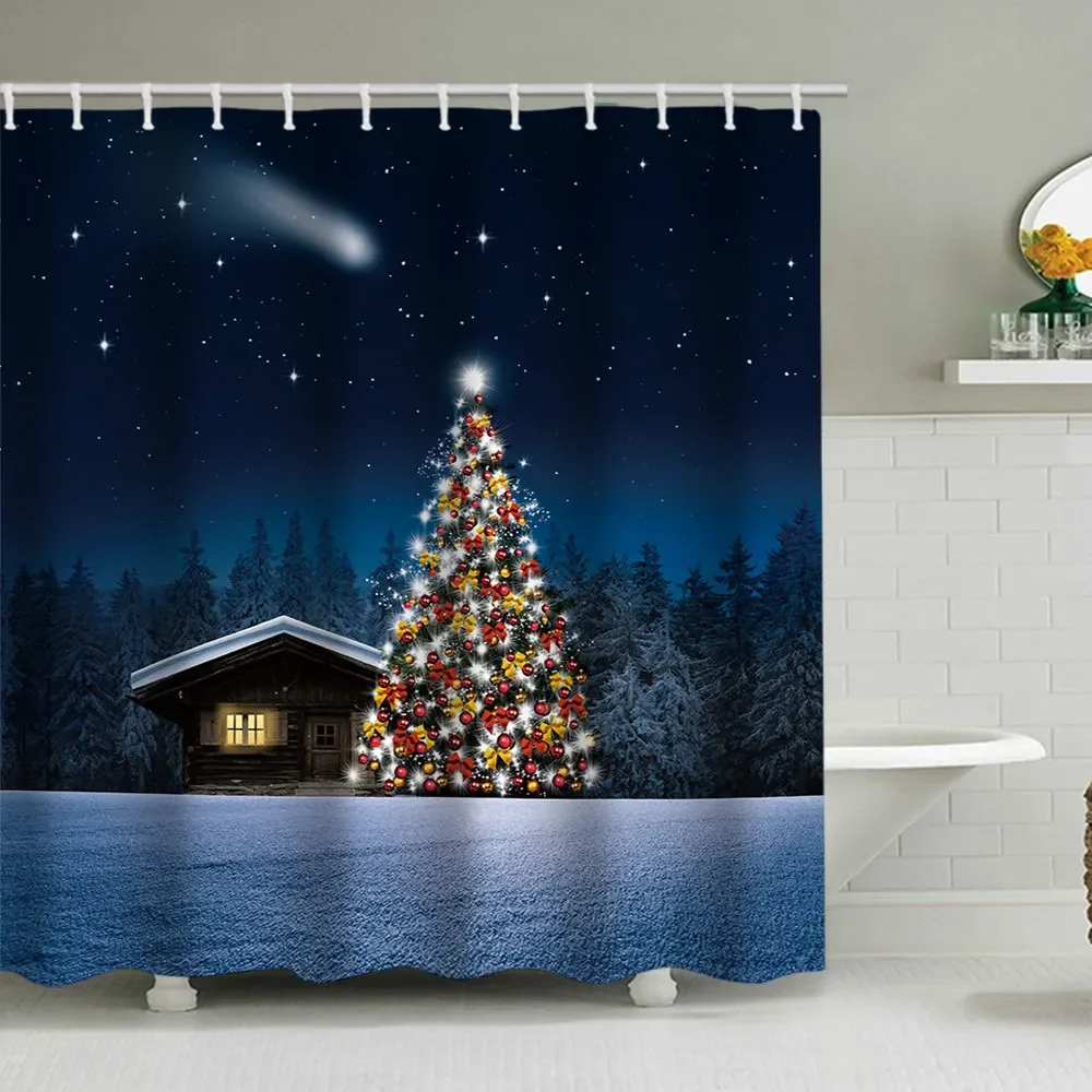 

1p Shower Curtain Marry Christmas Tree Snowflake Starlight Milu Deer Print Toilet Mat Durable Waterproof for Home Bathroom Decor