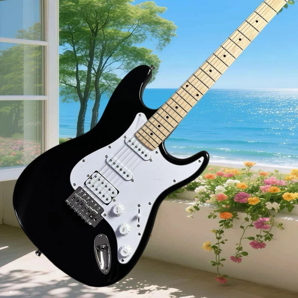 

Hot 39Inch STSS Black Electric Guitar Maple Neck Mahogany Body 22 Tone Adjustable Bridge SSS Pickup Rock Free Shipping