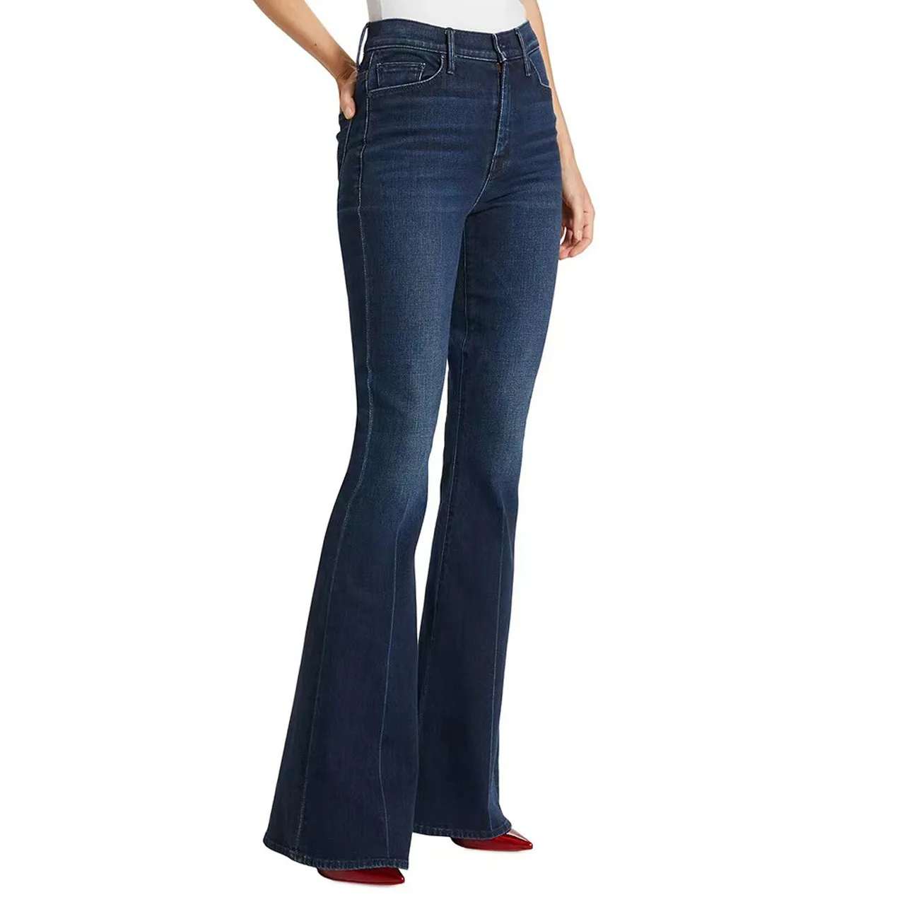 A 2024 early spring new high waisted deep blue midline slim fit and slim fit large horn denim women\'s pants MO508