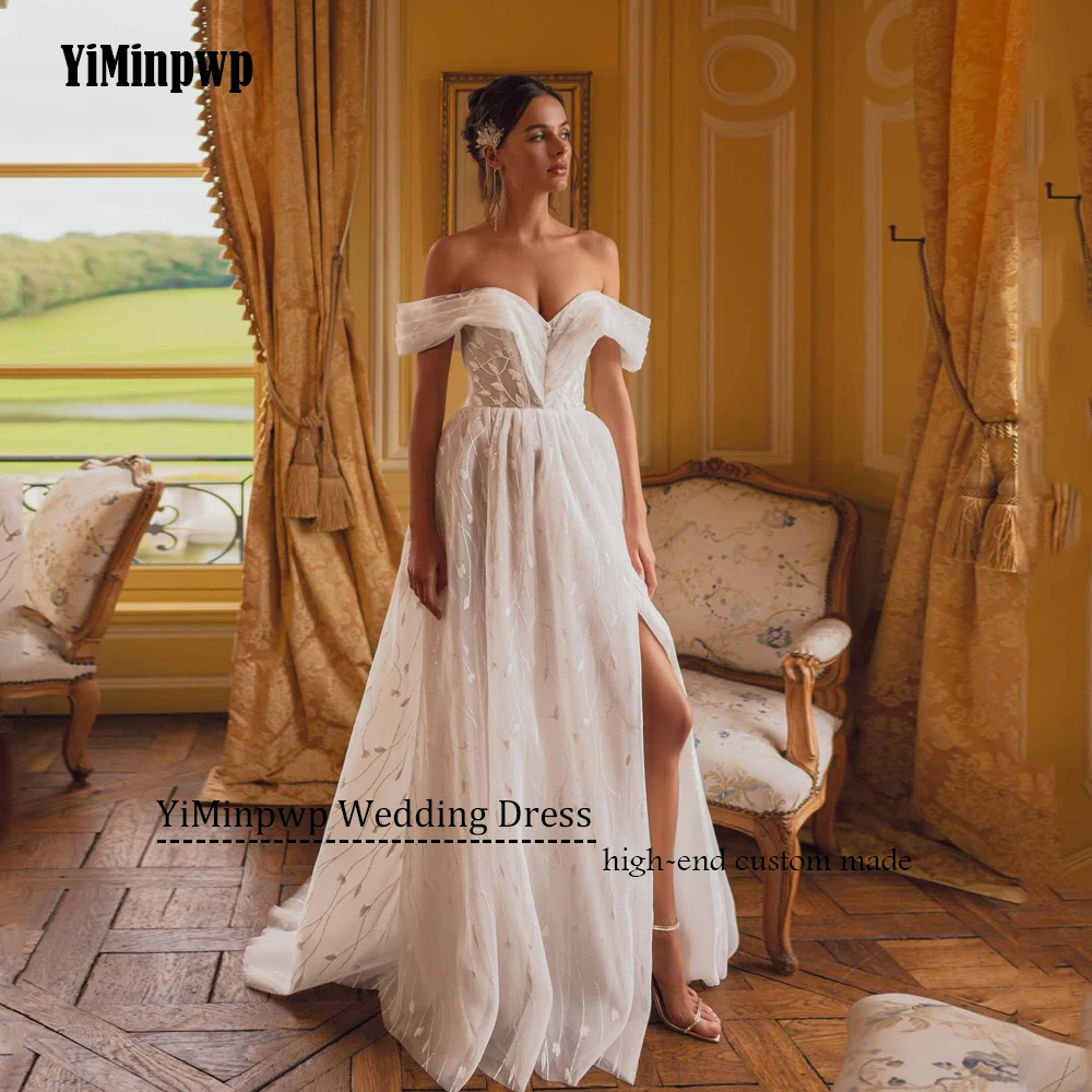 

Customized Off Shoulder Lace Wedding Dress 2025 Bridal A-Line Strapless Side Split Beach Bride Gowns Women vestidos de novia