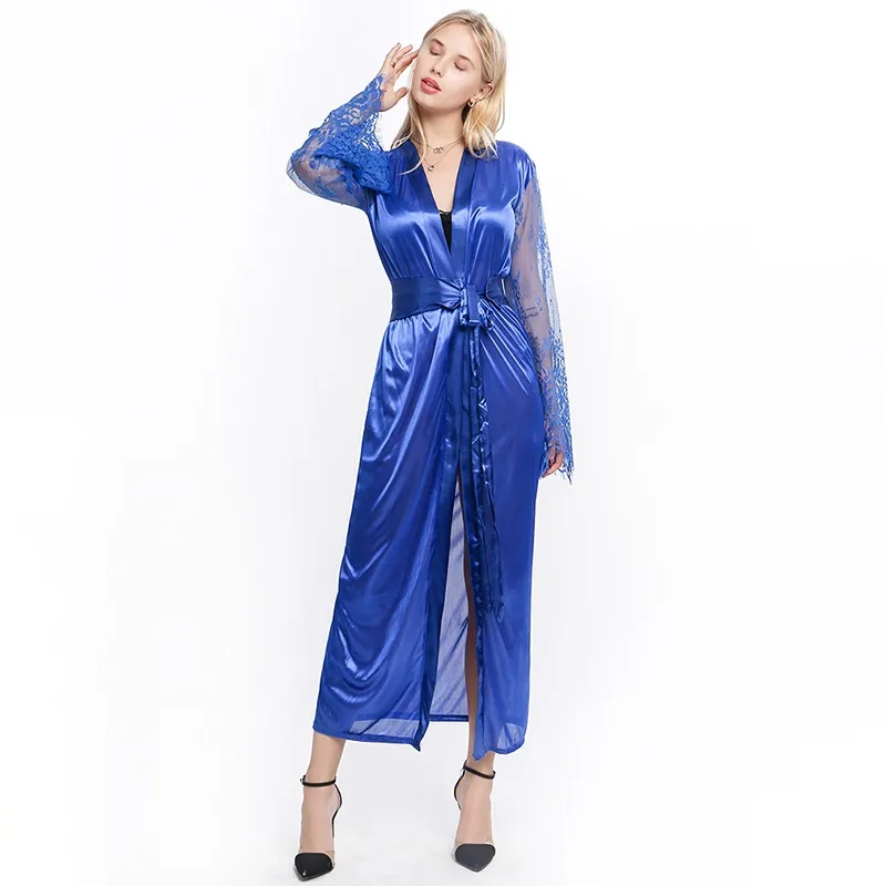 Womens Nightdress Sexy Long Polyester Lingerie Nightwear Bath Robe Gown Imitation Ice Silk Nightdress Solid Color Nightgown Thin