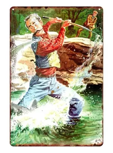 room wall decor 1950 Tom Rost Art Trout Fishing Sportsman Mustache tin sign