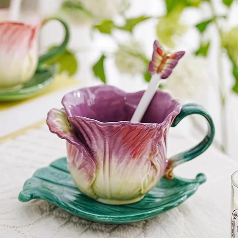 

Creative Floral Ceramic Coffee Cup Saucerand Spoon Home Office Tulip Porcelain Coffee Cup Tea Set Exquisite Breakfast Milk Mug