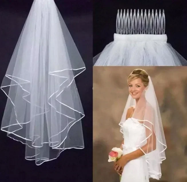 

Tulle White Ivory Two Layers Bridal Ribbon Edge Cheap Bride Accessories 75cm Short Women Veil With Comb