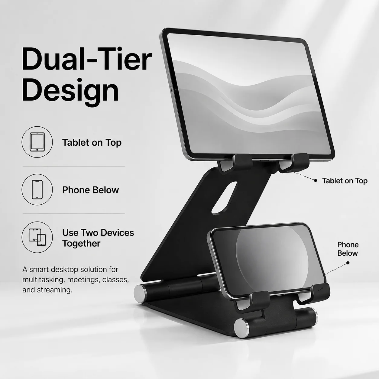 Multi-Angle 2 in 1 Aluminum Phone Tablet Stand, Foldable Dual Layer Holder for iPad iPhone, Ergonomic Desk Accessory view 5