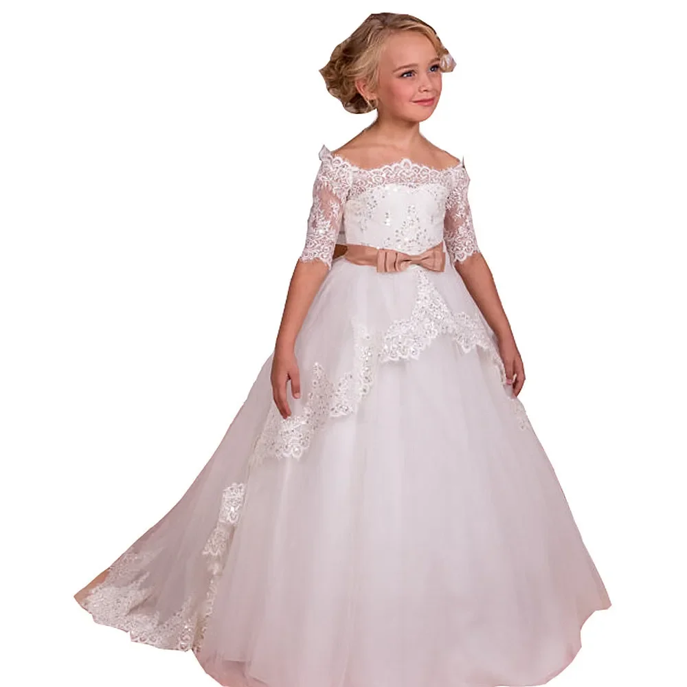 

New Flower Girl Dress For Wedding White Ivory Appliques Short Sleeves O-Neck First Communion Gowns Vestidos Longo