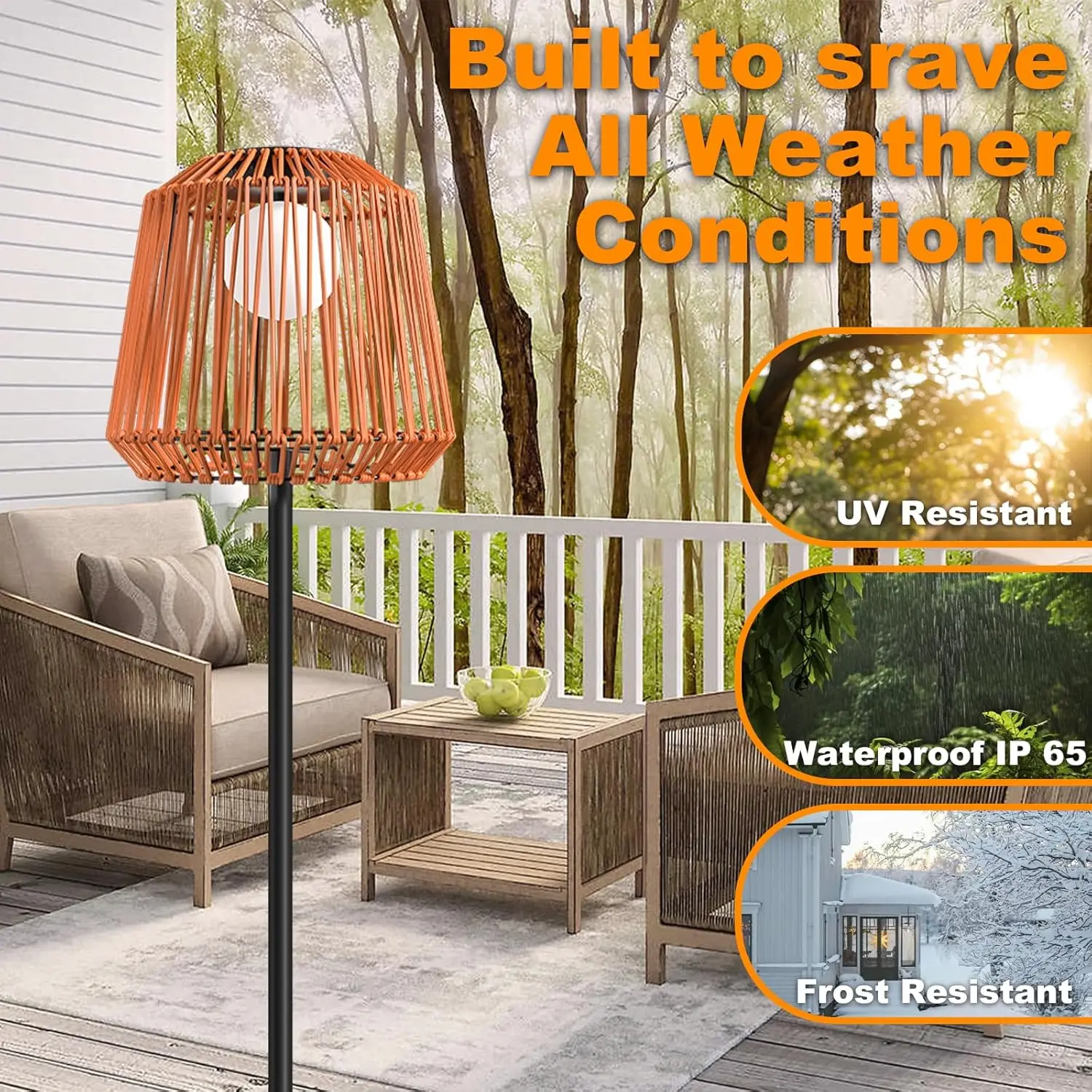 Outdoor Solar Floor Lamp, Garden Rattan Wicker Light, Metal Pole & Base, Waterproof Yard Decor