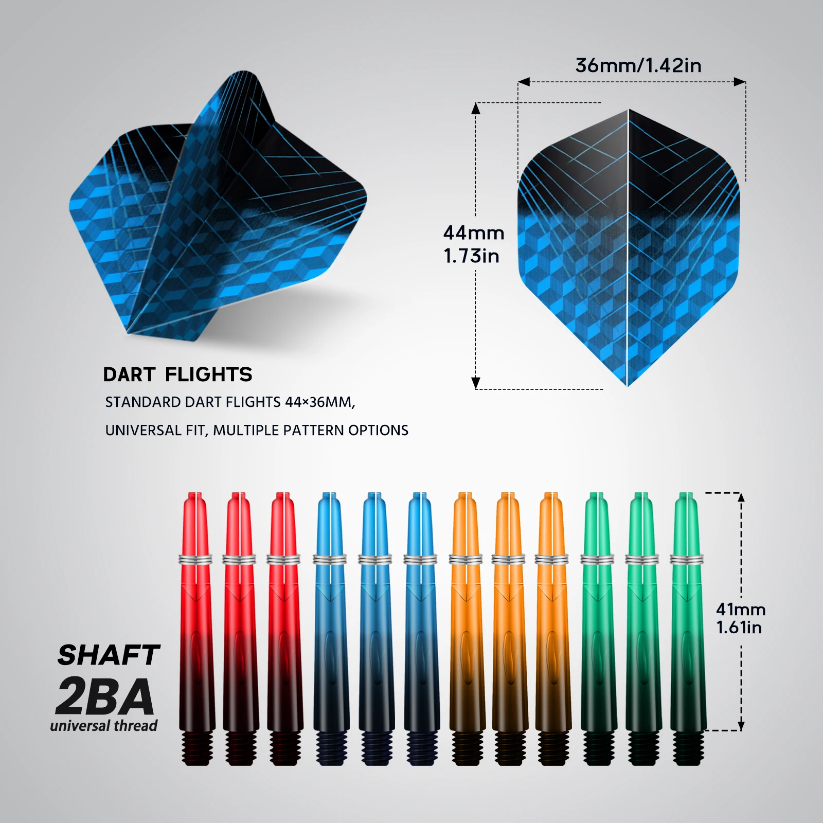 HUANQU Dart Accessories Set, 2BA Universal One-Piece Soft Dart Flights, Multicolor Gradient Shaft and Flight Set, 46mm Shafts