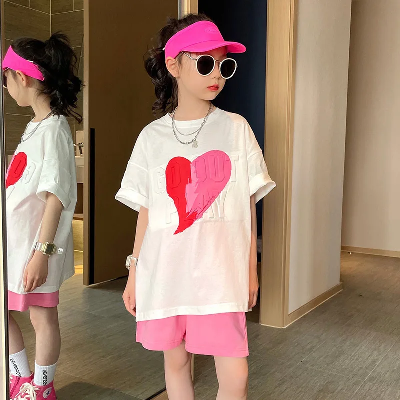 2024 Korean Summer Junior Girl 2PCS Clothes Set Teenager Girl Love Print T-shirt+Straight Pants Shorts School Girl Tracksuit