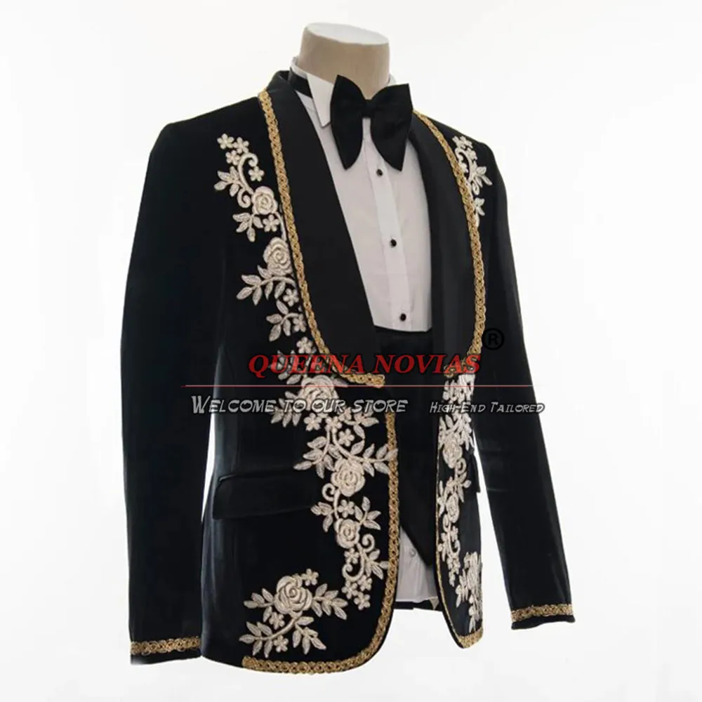 Black Men's Suits For Wedding Custom Made Applique Shawl Lapel Jacket Vest Pants 3 Pieces Formal Dinner Party Groom Tuxedos 2024