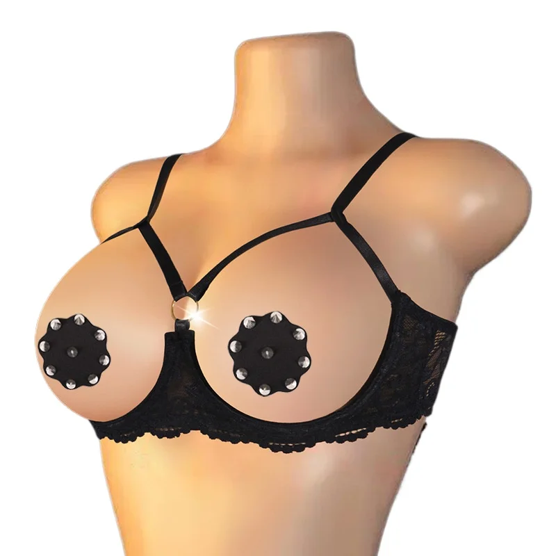 

Sexy Open Cup Bra Lingerie Womens Lace Cupless Exposed Breasts Bra Exotic Underwire Bra with Rivet Breast Patch Night Clubwear