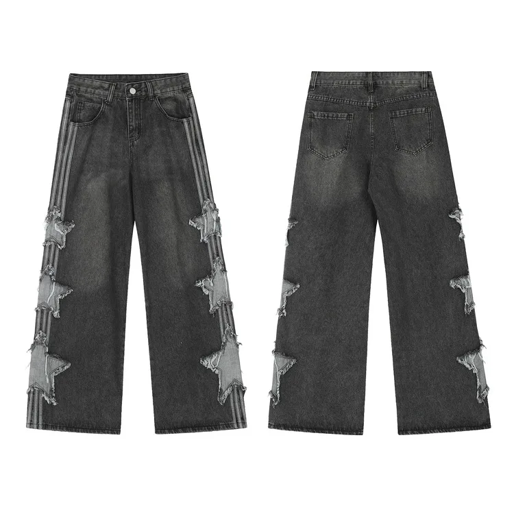 อเมริกัน High Street Star Patch กางเกงยีนส์ผู้ชายฤดูร้อนใหม่หลวมตรง Draped แฟชั่นแบรนด์ขากว้างกางเกงกางเกงยีนส์ผู้ชาย