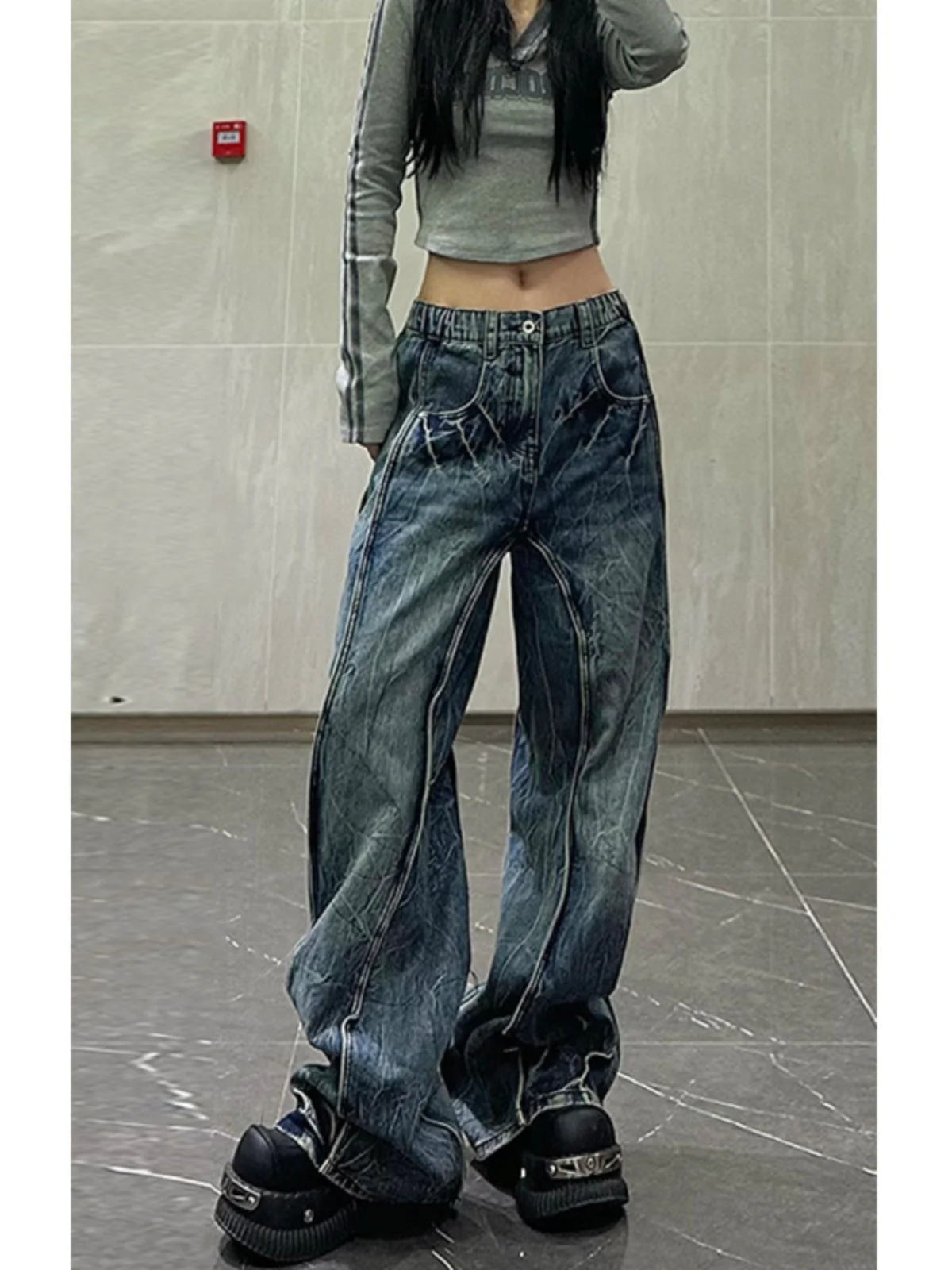 

Мужские джинсы в стиле ретро с синим узором в виде молнии, осенне-зимние, с пэчворком, в уличном стиле, прямые, длинные брюки