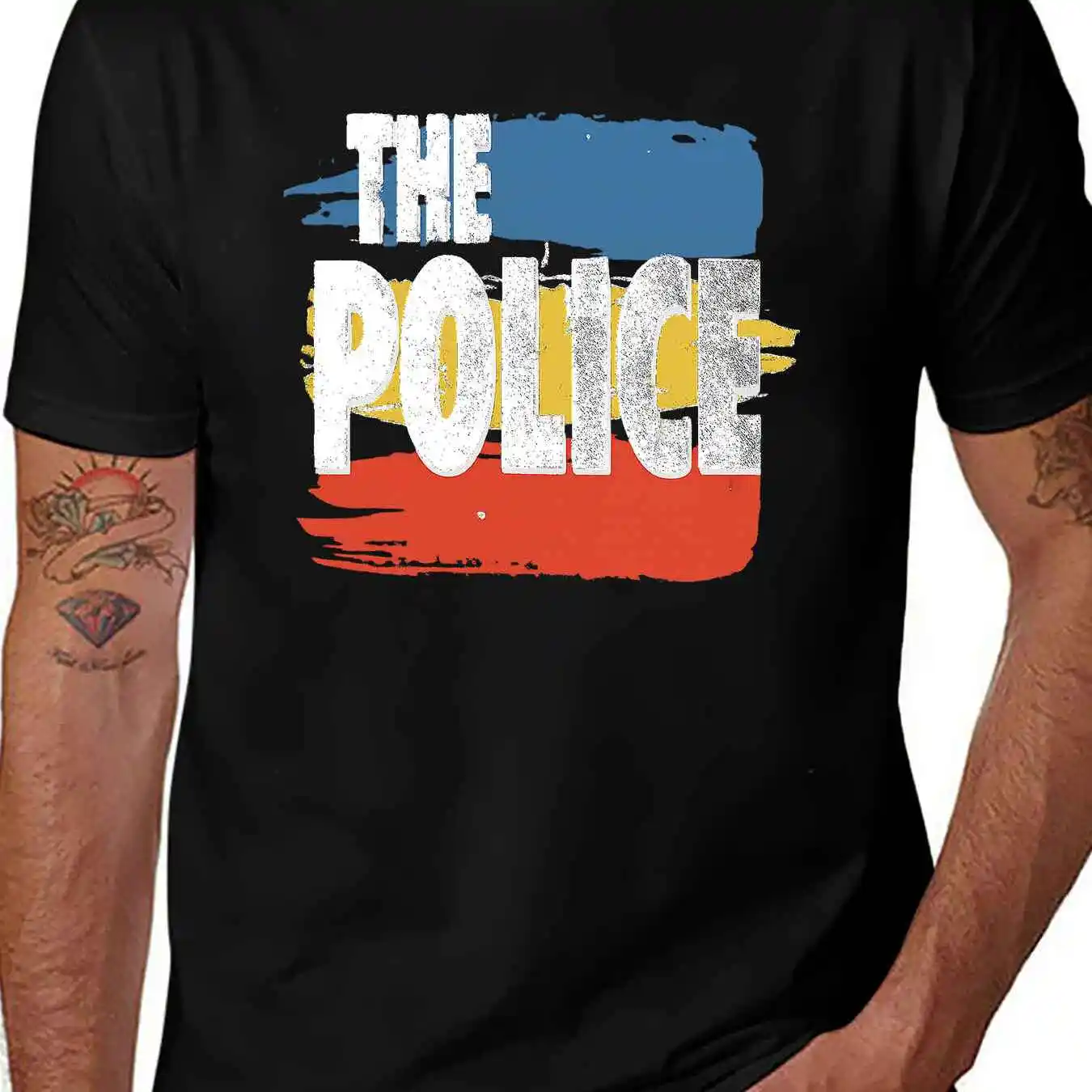Humorous Short-Sleeved T-Shirt with Police Logo and Bright Background Colors