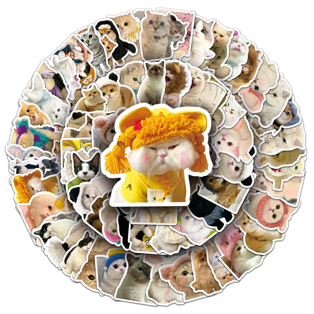 100 قطعة من ملصقات القطط اللطيفة - حيوانات رموجية مضحكة للحيوانات الأليفة لزجاجة الهاتف/المياه - مقاومة للماء