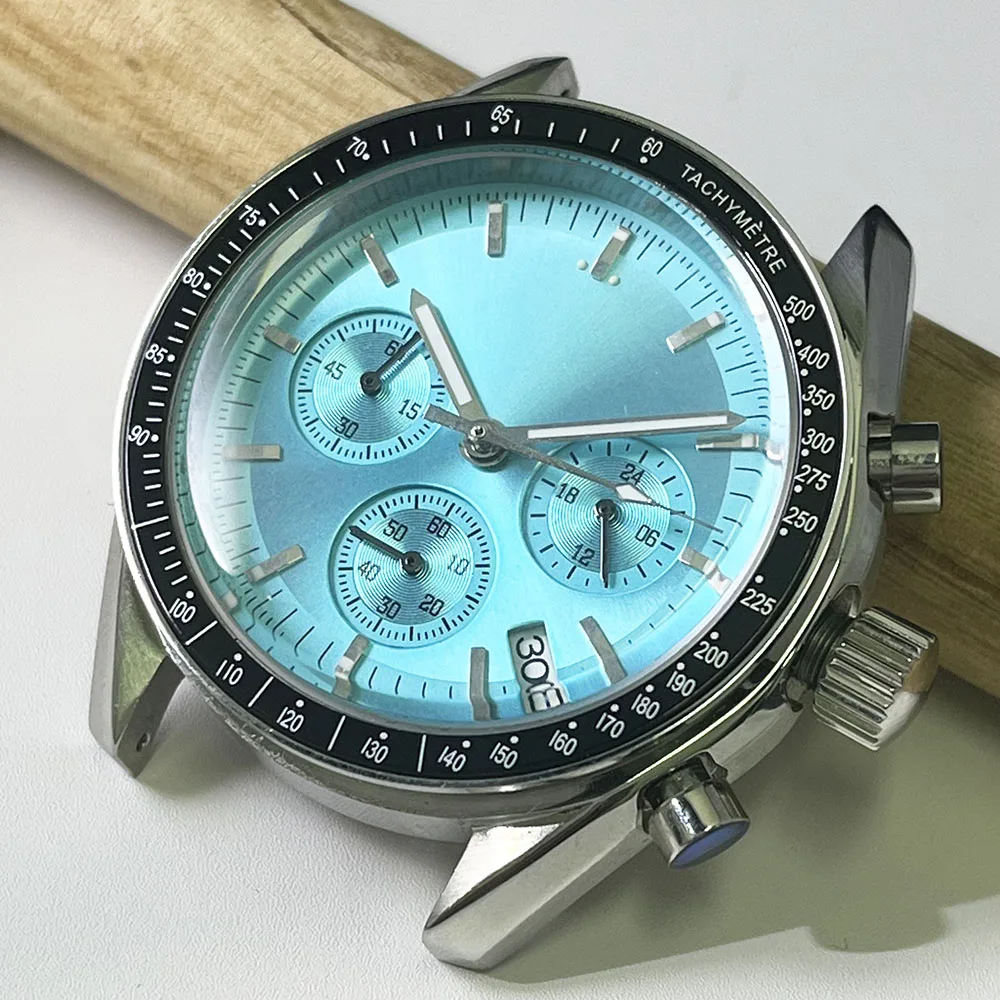 40mm Men's Multi-function Chronograph Quartz stainless steel case VK63 Movement Mineral glass Ice Blue