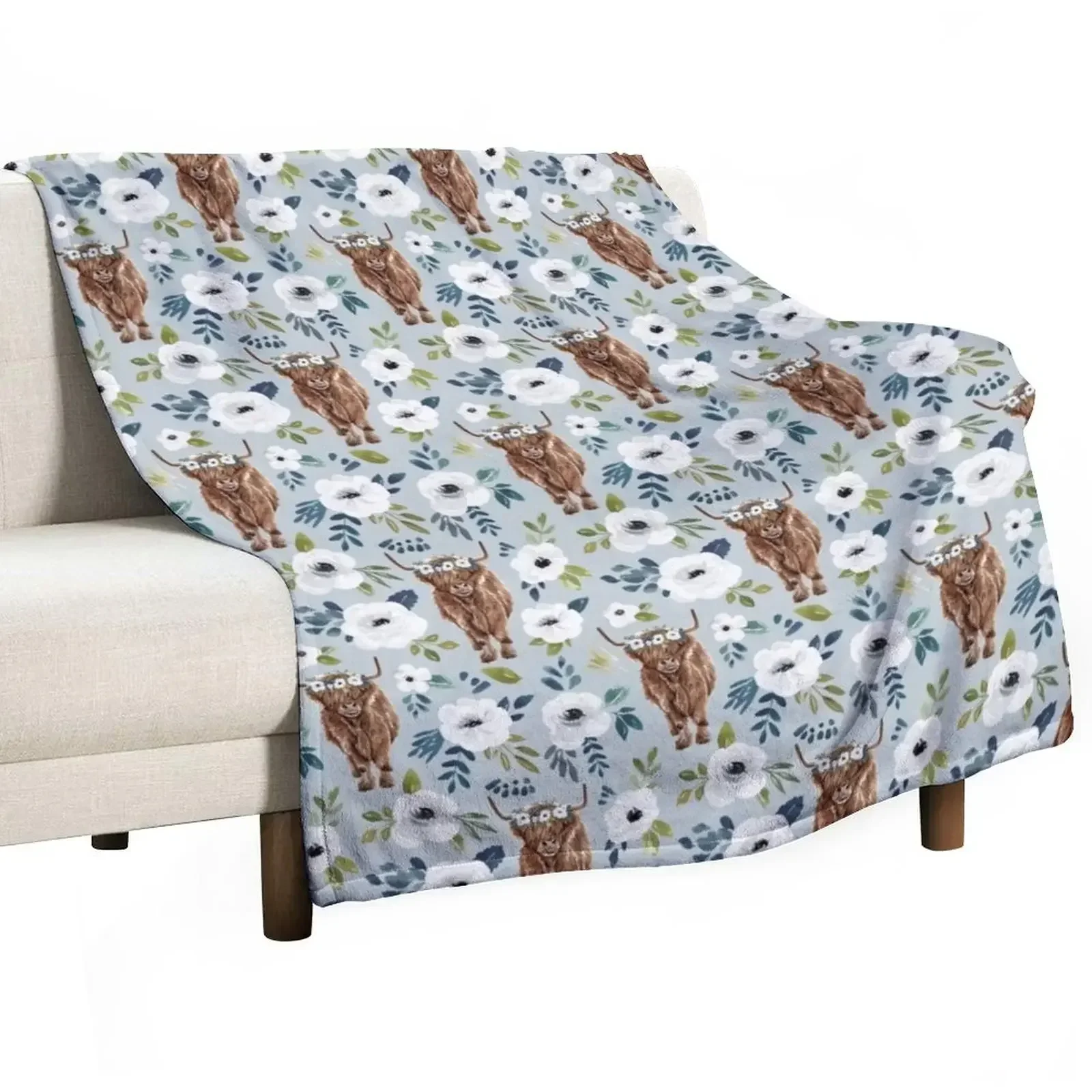 Highland Cow with Flowers, Blue, Floral Crown, Cow Painting, Farmhouse Decor Throw Blanket Decorative Throw Summer Blankets