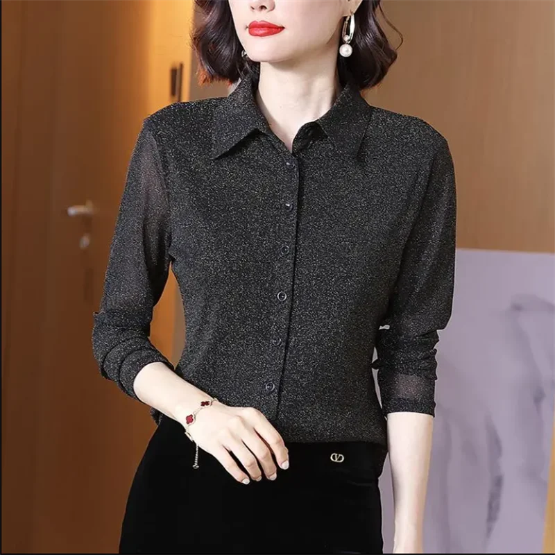 

Mesh Shirt Women Blouses Thin Fit Slim Shirts Cardigan Button Blous Long Sleeve Autumn Woman Clothes Shirt Basic Female Blouse