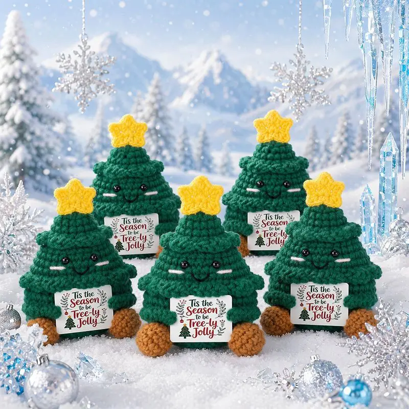 New Positive Energy Xmas Tree Hug Pocket Mini Handmade Knitting Tree Doll with Card Funny Christams Gift Home Room Decoration
