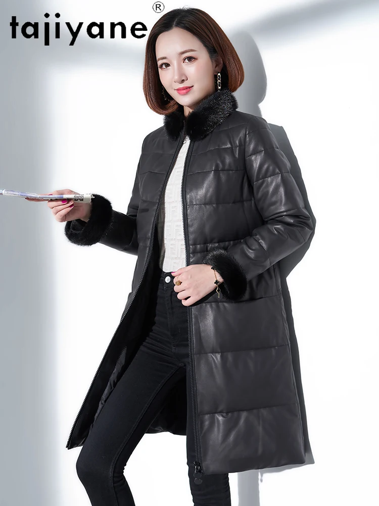 TAJIYANE Piumino in pelle di pecora naturale al 100% Donna Piumino nero in vera pelle con collo in pelliccia di visone 2025 Abiti invernali