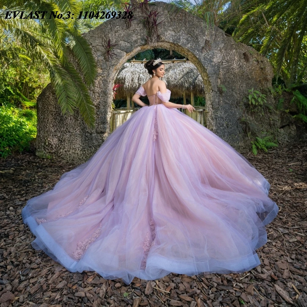 

EVLAST индивидуальное блестящее розовое платье Quinceanera 2025 года, бальное платье с кружевной аппликацией и бисером, корсет Sweet 16, Vestidos De 15 Anos E3Q781