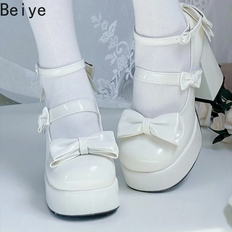 Cute Girl Lolita Original Bow Shoes Elegant Round Head Versatile High Heel Pumps Women's Waterproof Table High Heels Shoes