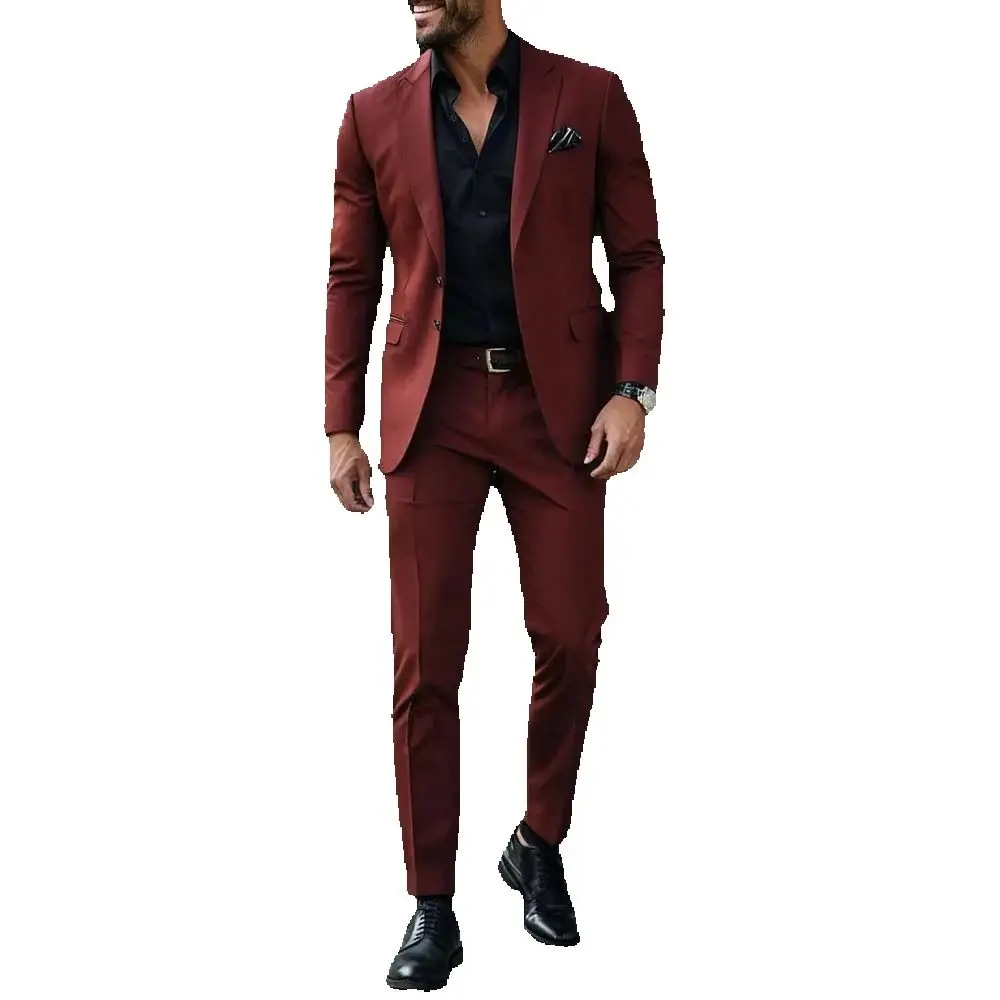 Setelan Pria Burgundy Chic Set Blazer Kancing Sebaris Warna Solid Dua Potong Tuksedo Pesta Pernikahan Pengantin Pria Bisnis Kasual Ramping
