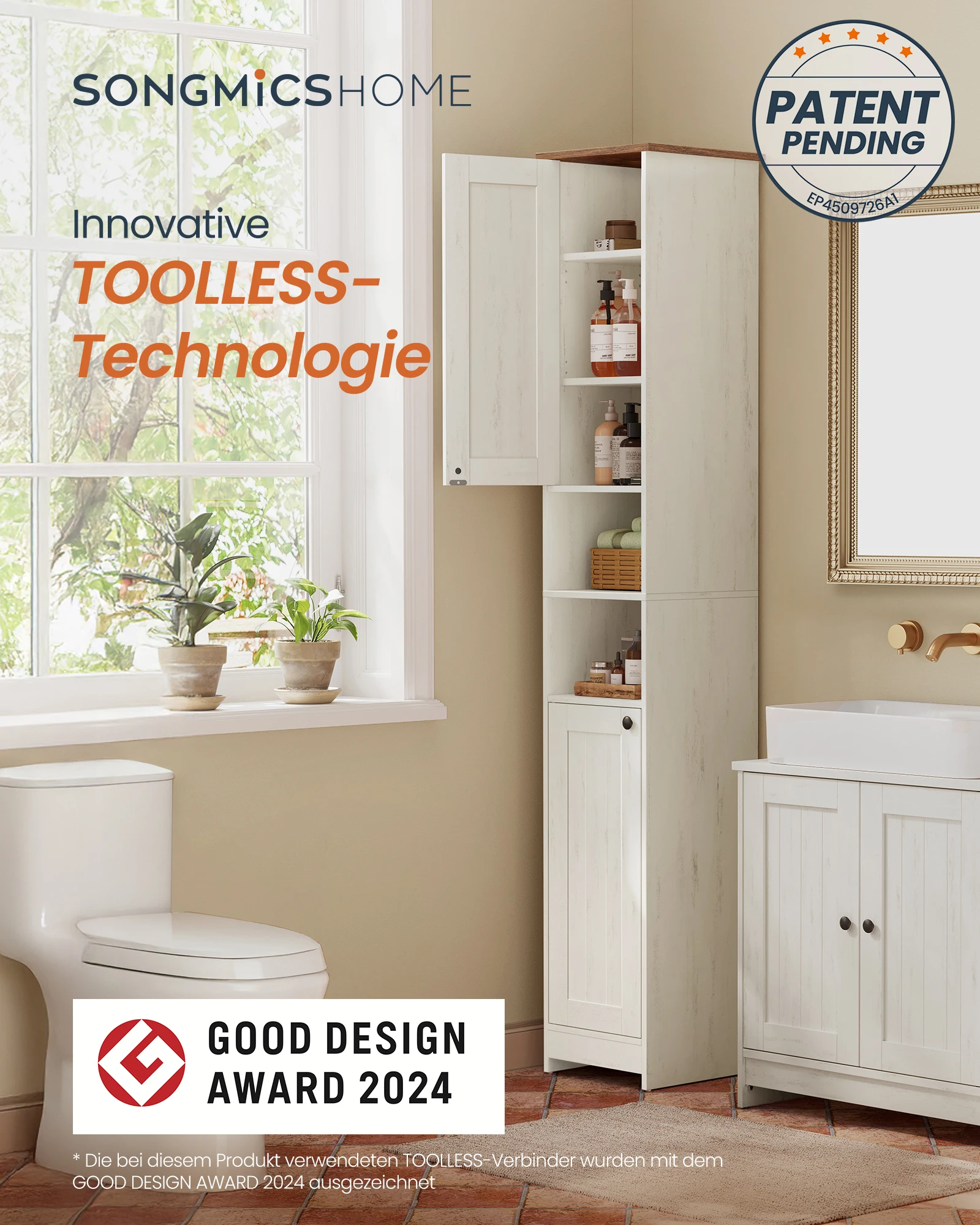 SONGMICS HOME Badezimmerschrank, Toolless-Technologie, superschnelle werkzeuglose Montage, Badschrank, verstellbaren Ablagen