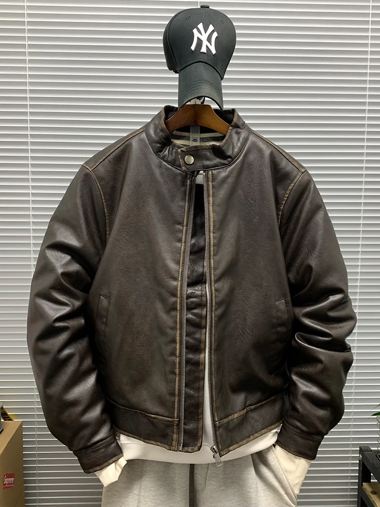 

American Sli PU Leather Cotton Jaet Men's Thiened Warm Stand Collar Motorcycle Jaet Winter Faionable Coat