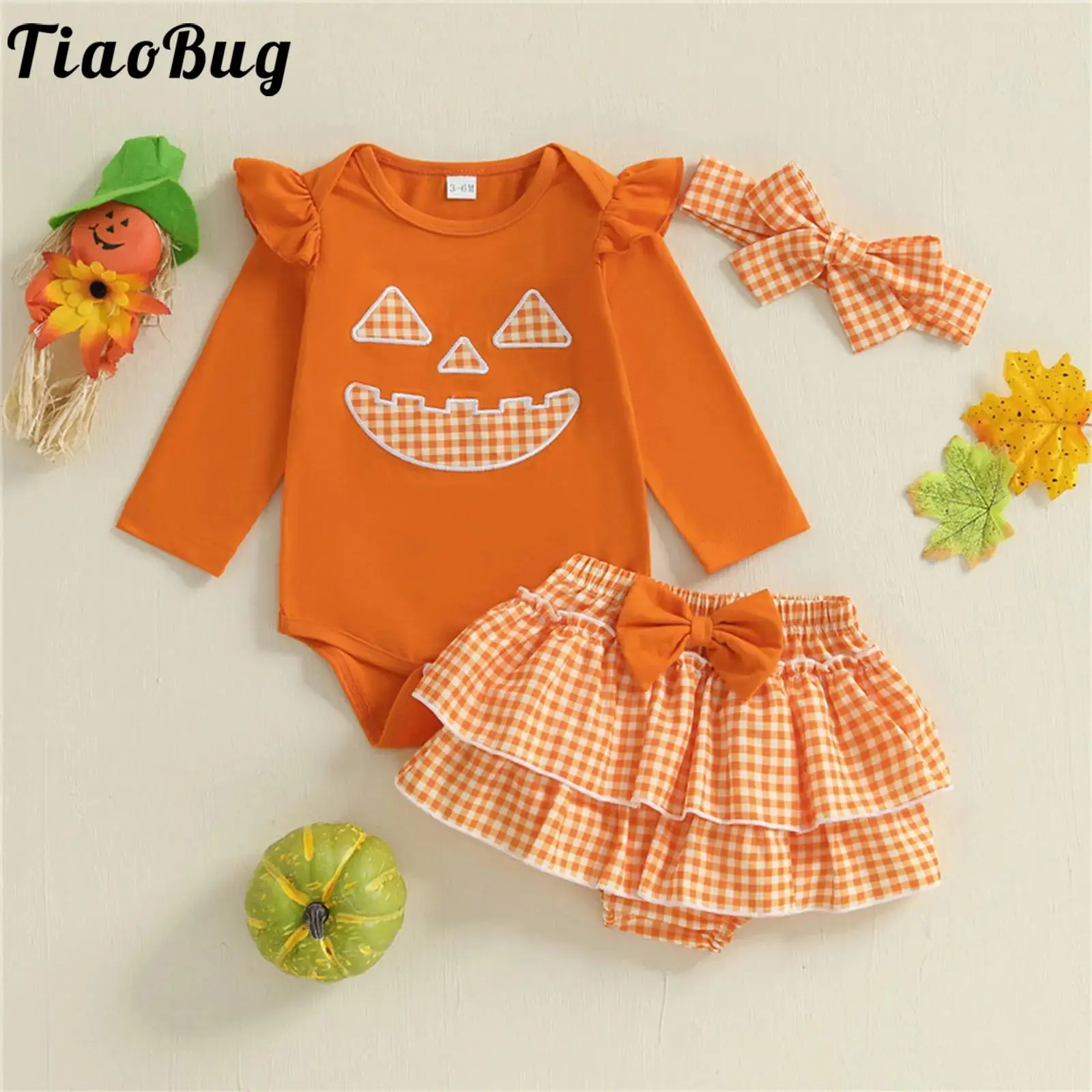 

Infant Baby Girls Halloween Cute Pumpkin Clothes Outfits Ruffles Long Sleeves Romper with Tiered Ruffled Plaid Skirt Head Band