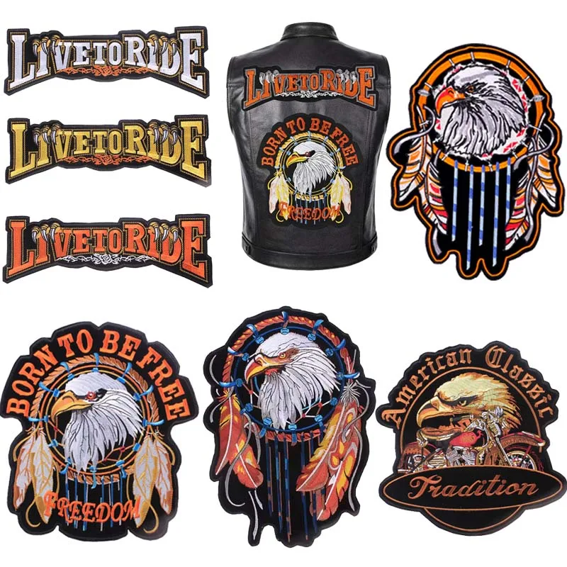 Land Free Brave Patches Iron on Patches Embroidery Skull Biker Back Applique Jackets DIY Rock Patch for Clothing Eagle Badge DIY