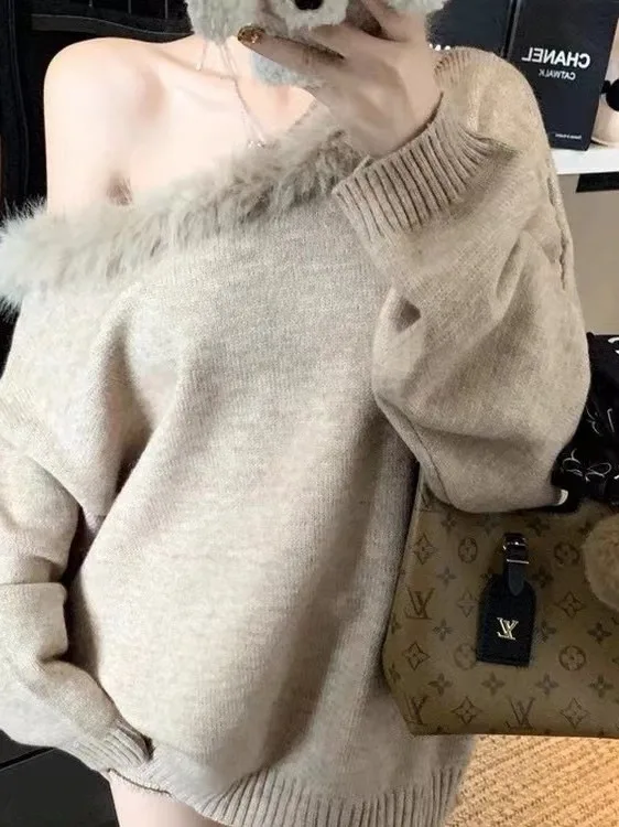 

Laid-back Style Shoulder-baring Spicy Girl Casual Set Women's Autumn Winter Knitted Fur Collar Knitwear Cuffed Shorts Two-pie...