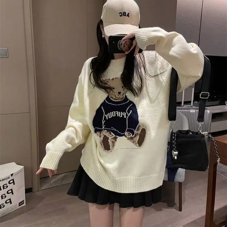 

Cartoon Bear Jacquard Knitted Sweater Women Pullover Long Sleeve O Neck Knitwear Autumn Winter Tops Coat Sweaters Sueter Mujer