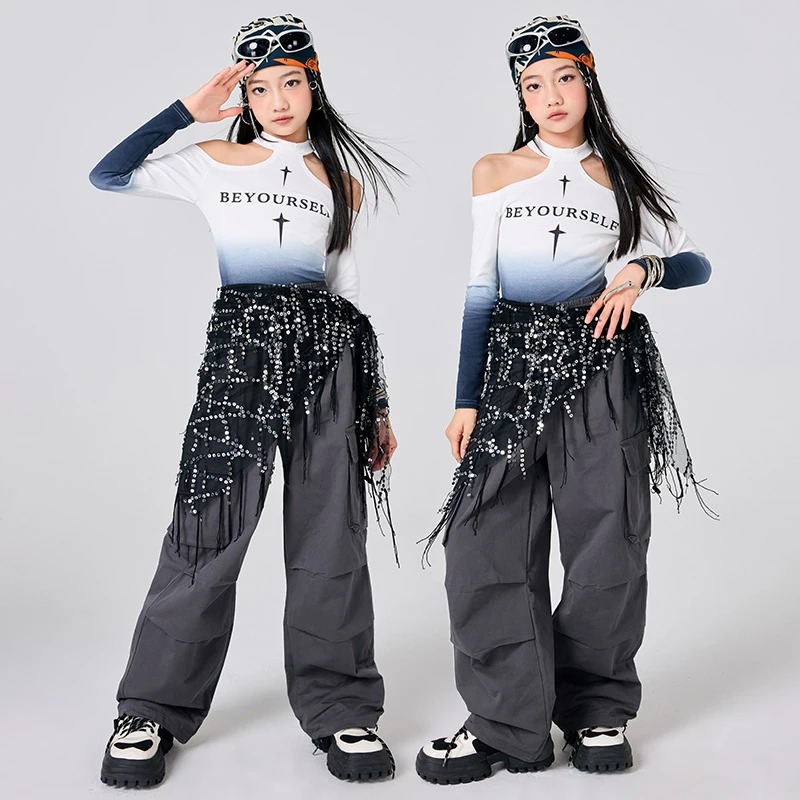 

Children 2025 Ballroom Hip Hop Dance Costumes For Girls Crop Tops Gray Cargo Pants Streetwear Jazz Performance Clothes DQS18978