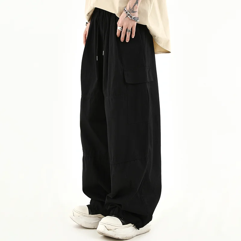 Spring Men Cargo Pants Hip Hop Vintage Wide Leg Straight Regulate Trouser Leg Big Pocket Drawstring Harem Jogging Sport Pants