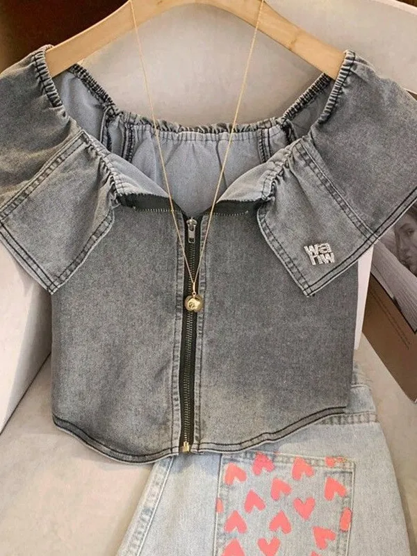 

American Retro Style Fashionable Large Collar Denim Vest Summer New Arc Bottom Shirt Women's Short Sleeve Breathable Skin-Fri...