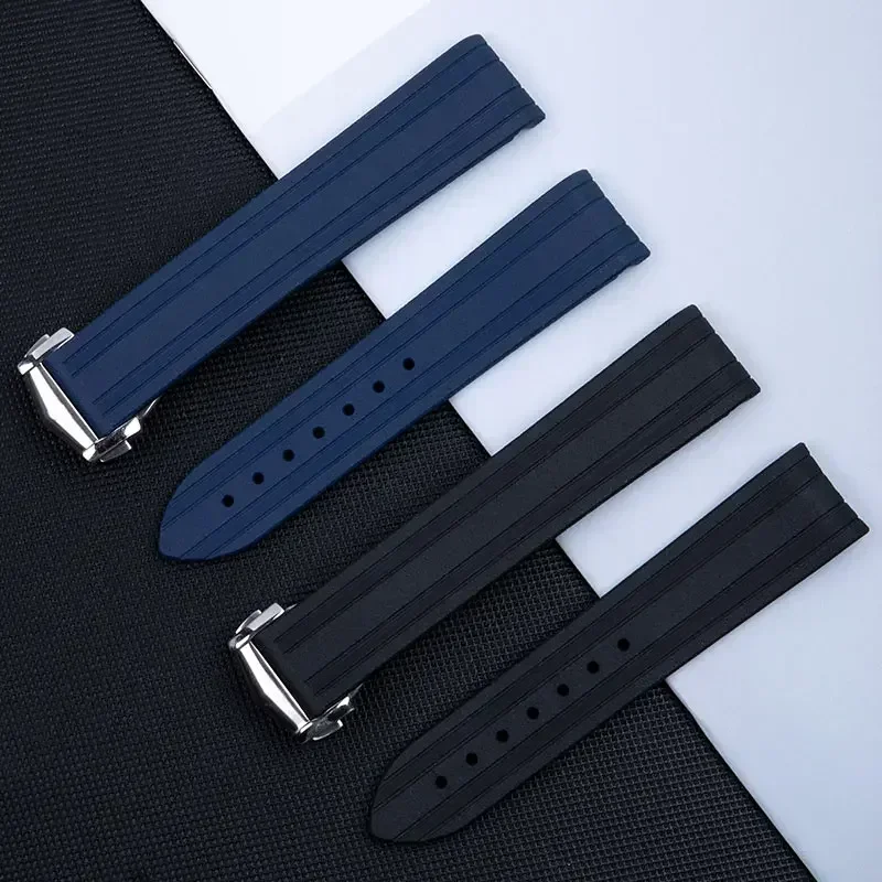 

For Omega Strap Seamaster 300 Series Planet Ocean Folding Buckle Fold Buckle Seamless Curved End Soft Rubber Watchband 20mm