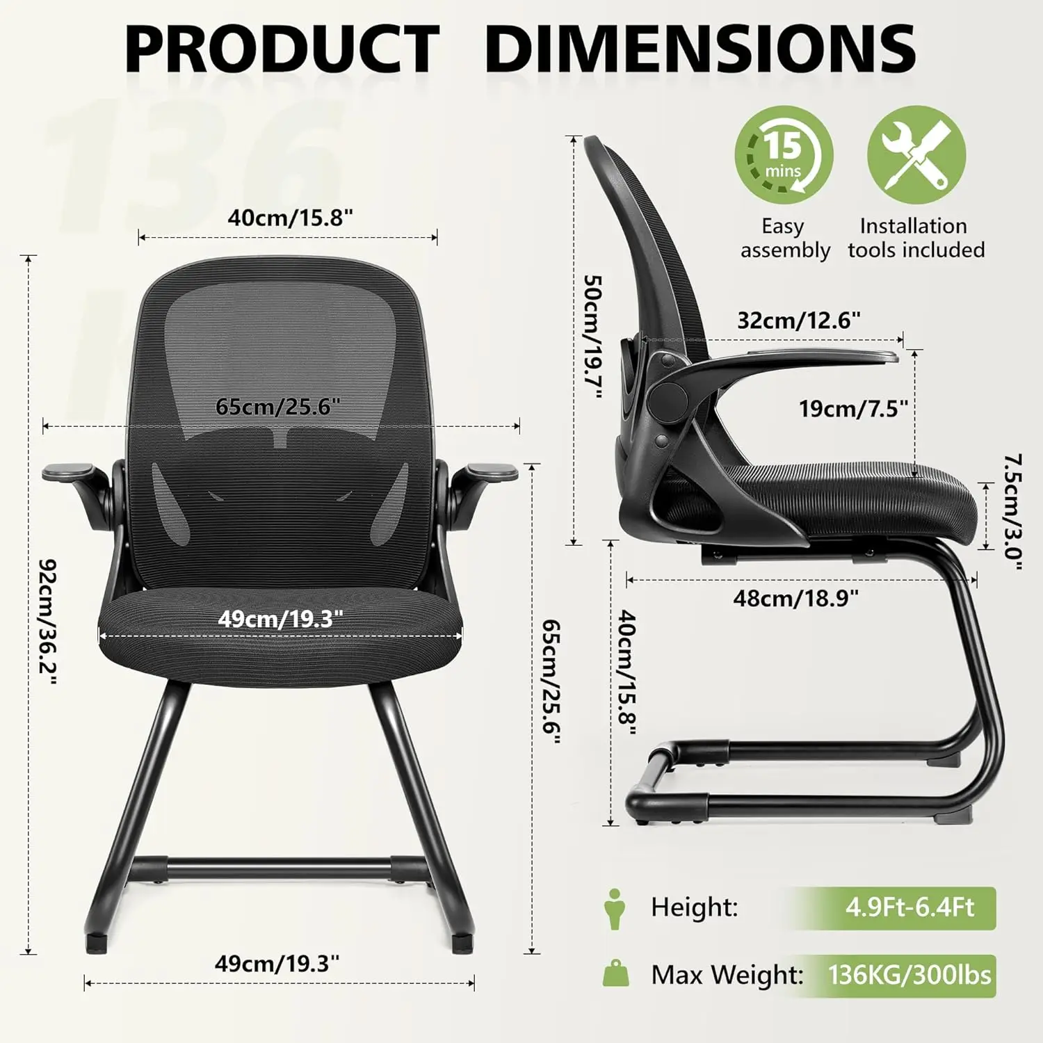 Waiting Room Chairs with Flip Up Arms and Adjustable Lumbar Support, Office Guest Chairs & Reception Chairs for Conference