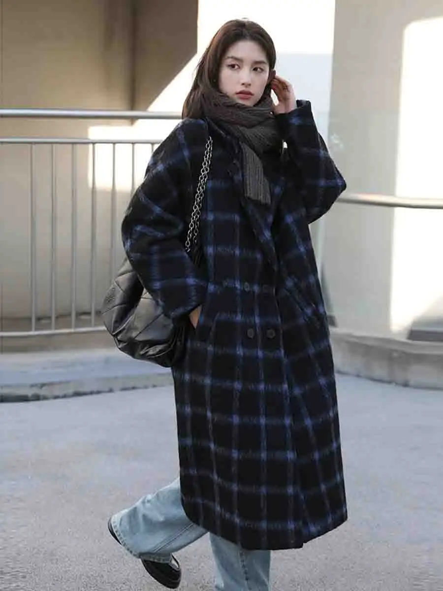 CHIC VEN  Women\'s Woolen Coats Casual Plaid Soft Warm Long Jackets Korean Fashion Double Breasted Overcoat Autumn Winter 2023