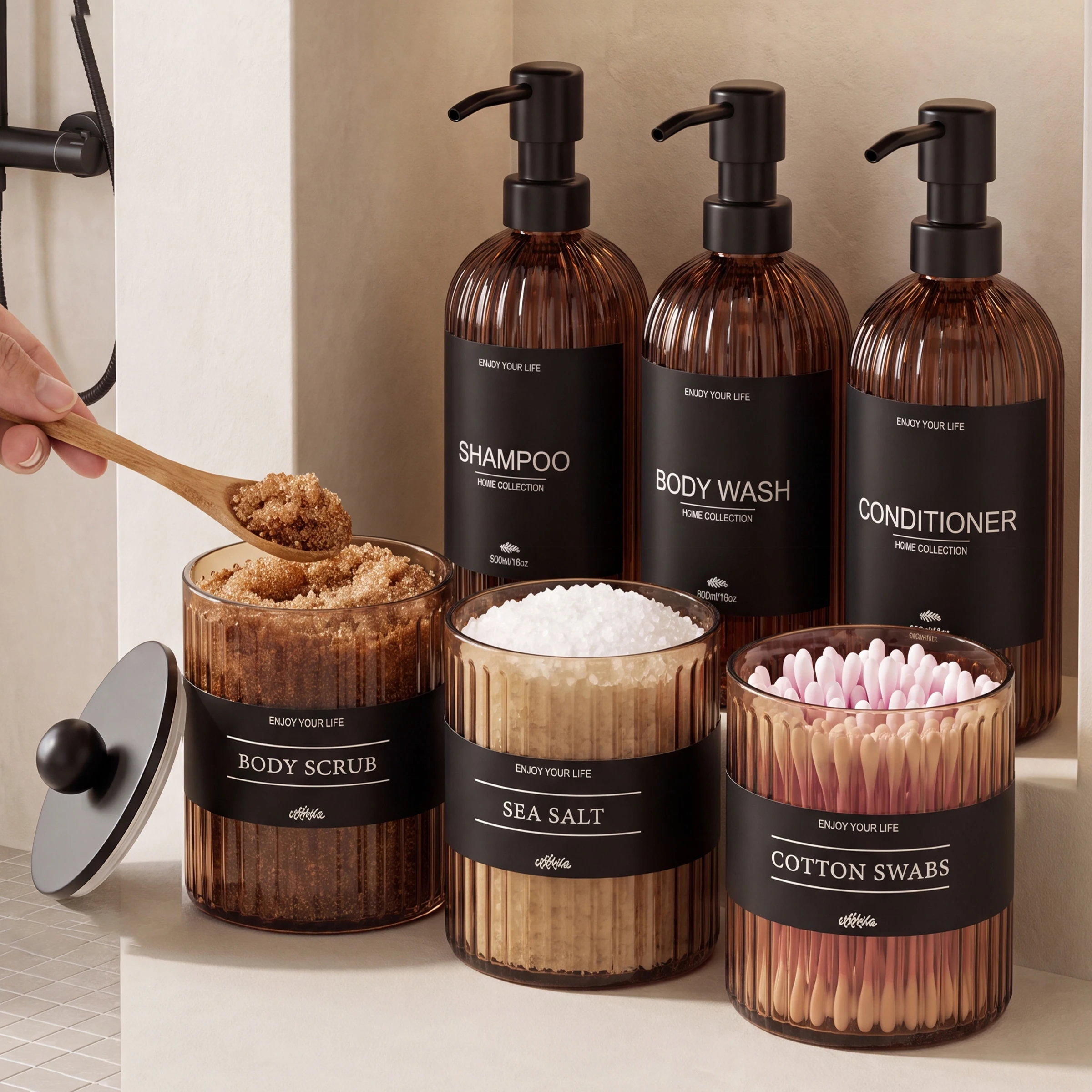 6PCS Bathroom Accessory Set, Refillable Shower Dispenser Bottles & Canister Jars with Waterproof Labels for Bath Vanity Decor