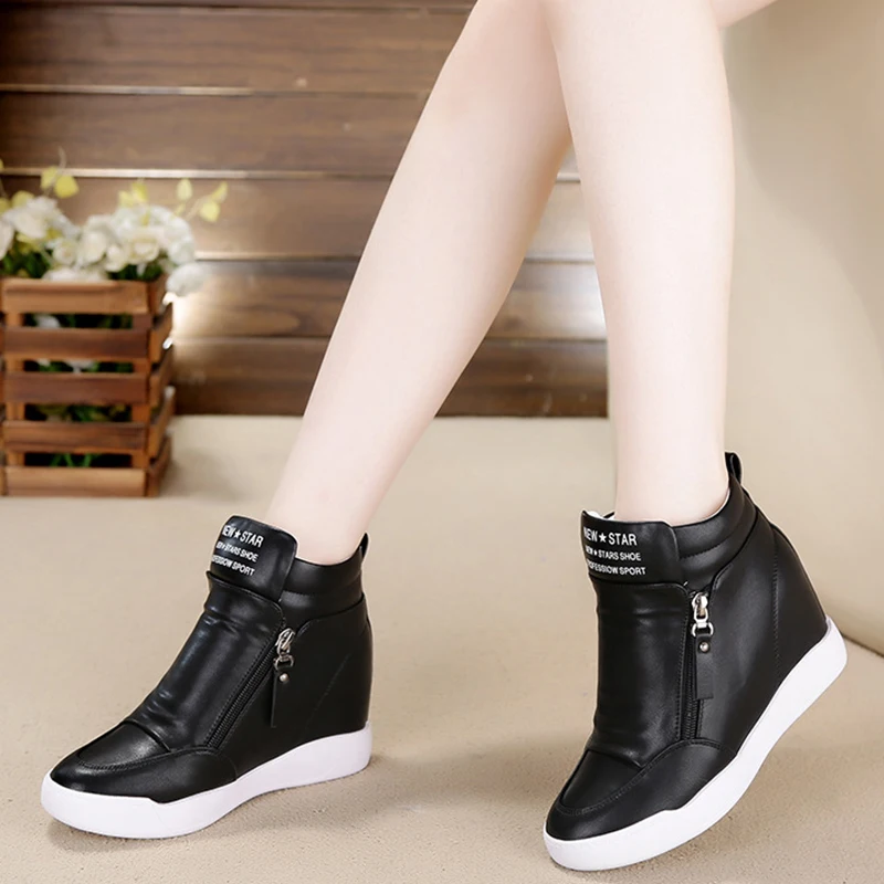 

Women Casual Sneakers White PU Platform Shoes Ladies Wedge Sports Shoe Fashion Woman Black Chunky Side Zipper Vulcanized Shoes